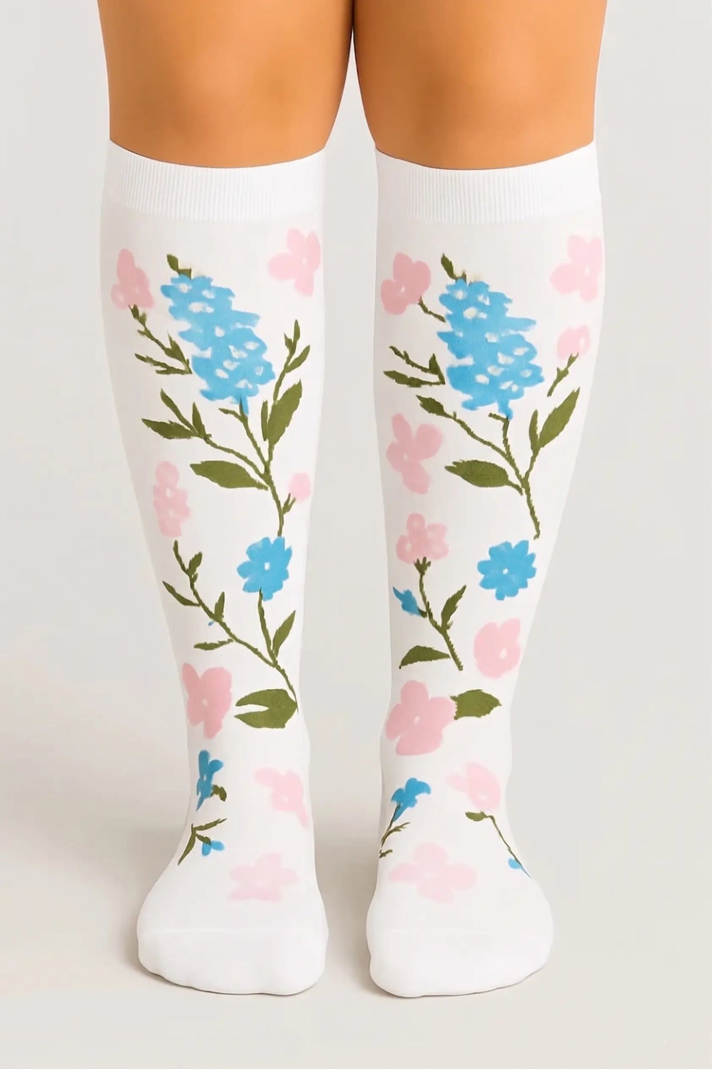 White Compression Socks with Flowers