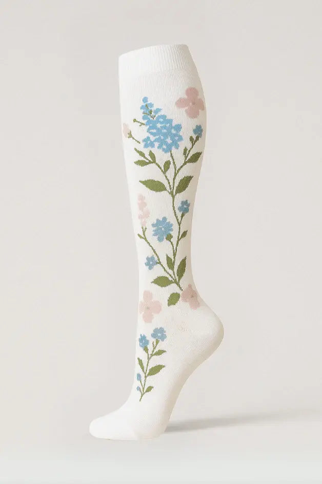 White Compression Socks with Flowers