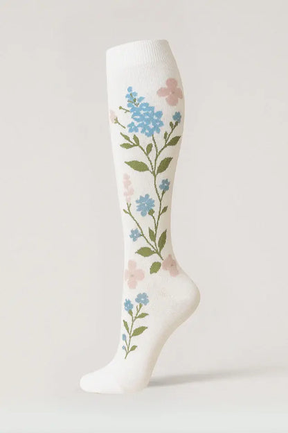 White Compression Socks with Flowers